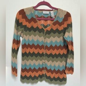 Vintage Villager Chevron 100% Algodon Cotton Knit Open Cardigan Sweater Sz L